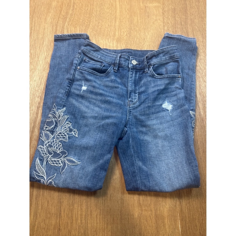 White House Black Market Jeans Womens 4 Blue Floral Embroidered Skinny - Picture 8 of 12